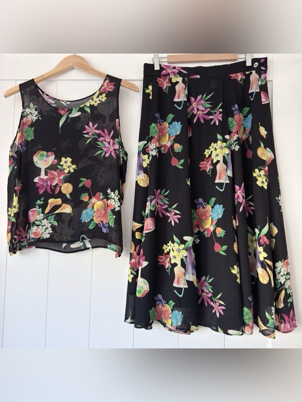 Vtg 80s Florence Italy 2pc Set Cocktail Tropical Print Sheer Viscose Paneled L
